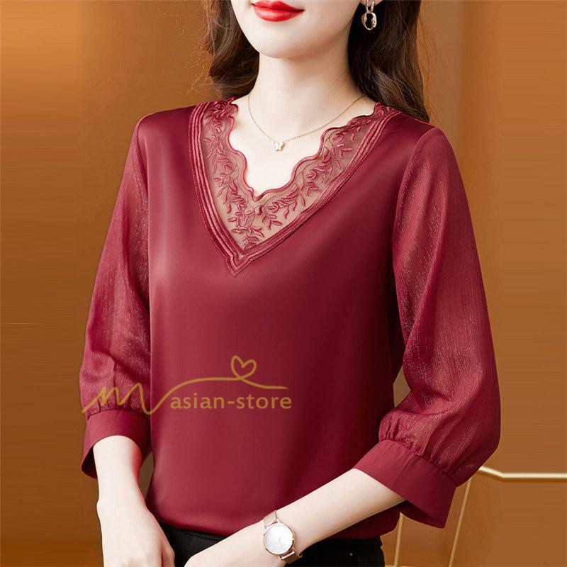 tシャツ・カットソー | Tシャツ レディース 7分袖 七分袖 カジュアル Vネック おしゃれ 女性用 シンプル 無地 ブラック 着痩せ レース付き シフォンシャツ 母の日 20代30代40代50代