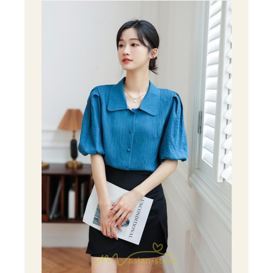 シャツ・ブラウス | ブラウス レディース オフィス シャツ 青 フォーマル 半袖 おしゃれ カジュアル フェミニン 開襟 着痩せ フランス風 お仕事 クラシック ビジネス 通勤 OL