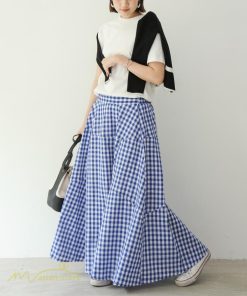 スカート | ロング夏新作 フレア切り替え チェック柄 20代30代 大人 40代50代 可愛い 60代 ゆったり 広い裾 ウエストゴム 6色 春 ダンス舞台 綿 春夏 秋