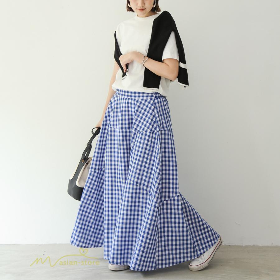 スカート | ロング夏新作 フレア切り替え チェック柄 20代30代 大人 40代50代 可愛い 60代 ゆったり 広い裾 ウエストゴム 6色 春 ダンス舞台 綿 春夏 秋