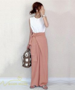 ワイドパンツ | レディース ガウチョパンツ 無地 ロングパンツ 着痩せ 体型カバー カジュアル パンツ おしゃれ 蝶結び かわいい ハイウエスト ゆったり 韓国風