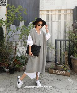 マキシ | ニットベストワンピース レディース 40代 秋冬 ワンピース Vネック ニットロングベスト ニットワンピース ゆったり ひざ下 オシャレ 韓国風 無地カジュアル