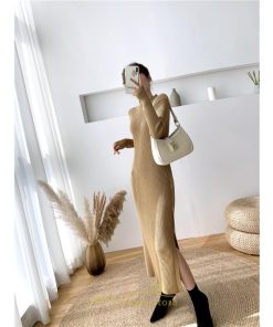 ニットワンピース | レディース 冬 きれいめ ロング おしゃれ 秋冬 長袖 ハイネック サイドスリット セクシー 同窓会 デート 大人フェミニン 女子会 韓国風