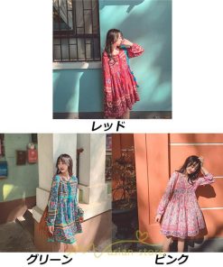ミニ丈 | ワンピース レディース 春 夏 長袖 膝上 ショート 民族風 花柄 エスニック ボヘミアン 高品質 海外旅行 海デート 着痩せ Vネック レトロ リゾート カジュアル