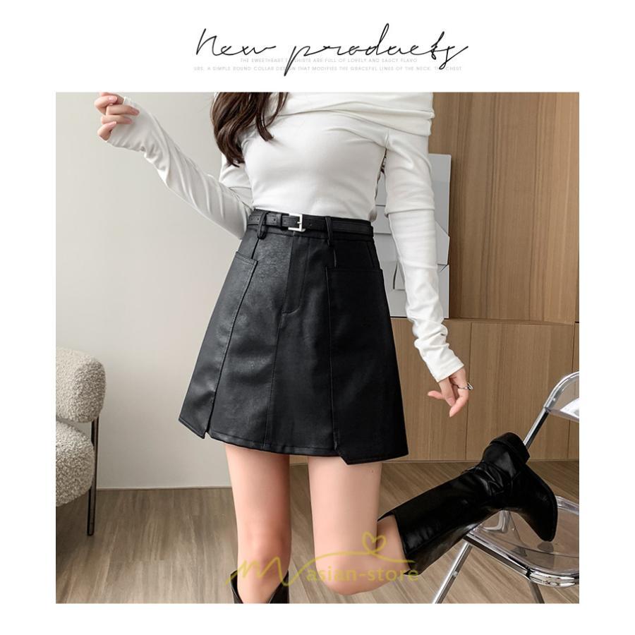 スカート | ミニ秋冬 レザー 無地 レディース 40代 Aライン 30代 20代 50代 着痩せ 通勤 オシャレ カジュアル オフィス OL 着痩せ ベルト付き