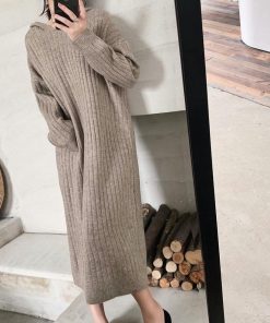 ワンピース | ニットレディース カジュアル ゆったり ロング長袖 リブニット 秋冬 フード付き