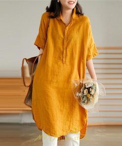 送料無料SALE | ワンピース 夏シャツ レディース 五分袖 シャツワンピース 綿麻 無地 プルオーバー 体型カバー ゆったり 大きめ 夏服 ポケット 30代40代 膝丈 おしゃれ 前後差