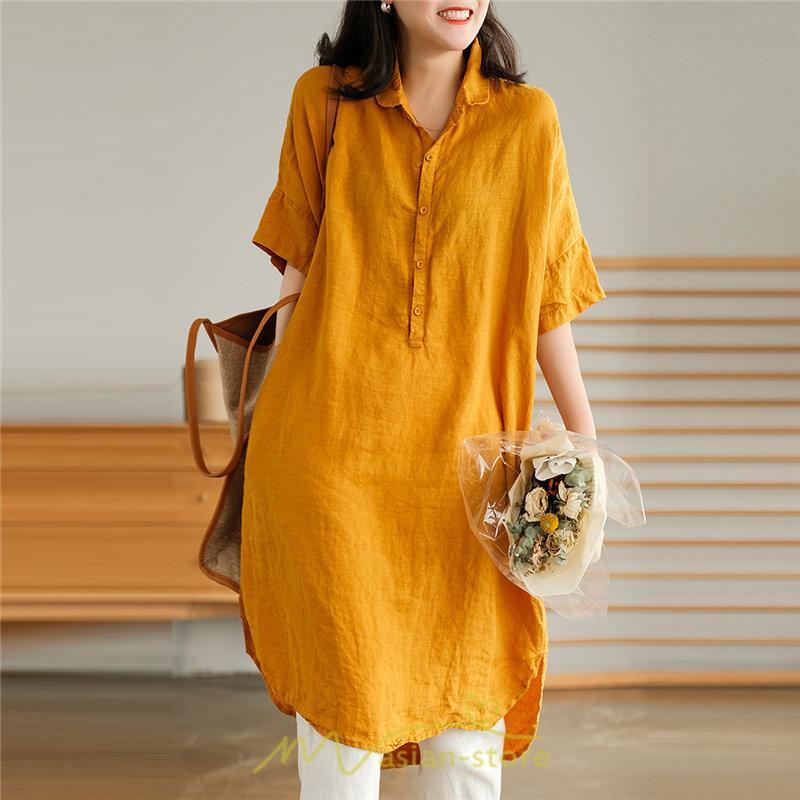 送料無料SALE | ワンピース 夏シャツ レディース 五分袖 シャツワンピース 綿麻 無地 プルオーバー 体型カバー ゆったり 大きめ 夏服 ポケット 30代40代 膝丈 おしゃれ 前後差