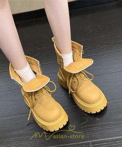 ショートブーツ | ブーツ レディース トレンド ミドル 厚底 袴ブーツ 黒 レースアップ 編み上げ イエロー ホワイト 卒業式 通勤 通学 オフィス 歩きやすい