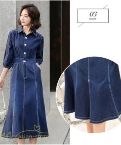 デニムワンピース | レディース デニム ワンピース マーメイド 長袖 秋 5分袖 カジュアル シャツワンピース カジュアル ロング丈 レトロ風 ポケット 着痩せ