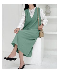 マキシ | ワンピース ジャンパースカート ジャンスカ 深Vネック ロングワンピース Vネック スリット入りロングワンピース ノースリーブ 30代40代 オフィス 大人