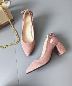 パンプス | スエード調 ポインテッドトゥ チャンキーヒール スエード太ヒール ストラップなし スリップオン バックリボン 無地 大きいサイズ ミドル