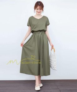 送料無料SALE | ロングワンピース 夏ワンピース 半袖 無地 フレアワンピース Vネック ベルト付き ゴム 女っぽい お呼ばれワンピース 大人 30代40代 ワンピ パーティー