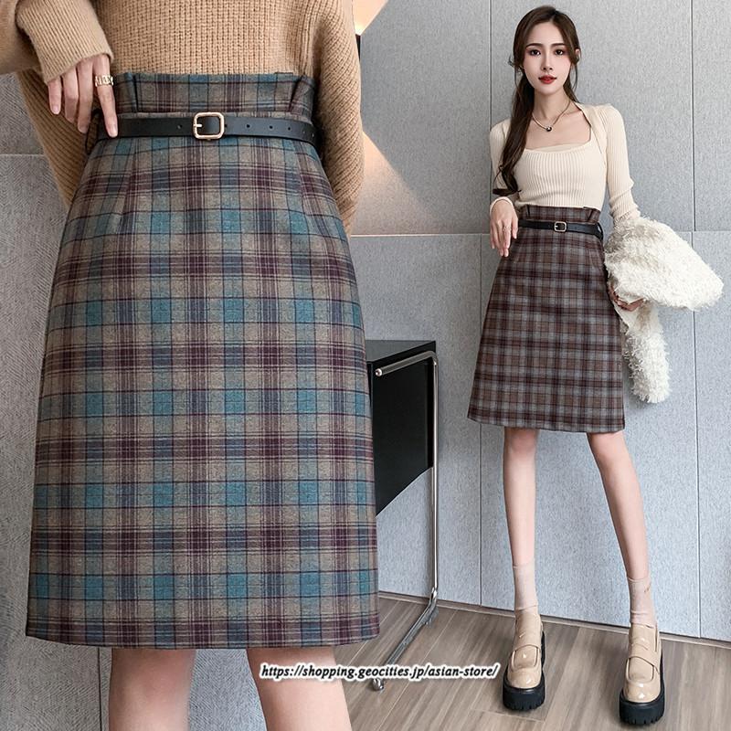 スカート | ミモレ丈 ひざ丈 レディース チェック柄 体型カバー 着痩せ Aライン ハイウエスト 上品 2022新作 通勤 秋冬コーデ オシャレ 韓国風 キレイめ