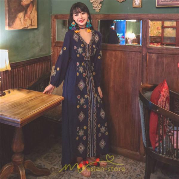 マキシ | ワンピース 長袖 レディース ロング丈 マキシ丈 綿麻 コットン リネン Aライン ゆったり 体型カバー 大人 可愛い 海外旅行 秋 夏 エスニック ナチュラル 春