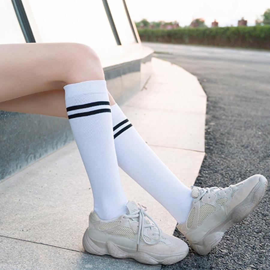 ストール | レディース 2本ライン 通学 ボーダー 靴下 無地 ロングソックス 靴下 綿 ハイソックス