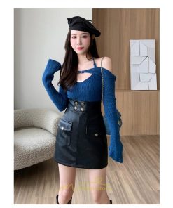 スカート | ミニレディース レザー タイトハイウエスト ポケット インナーパンツ付き ハイウエスト 韓国ファッション フェイクレザー