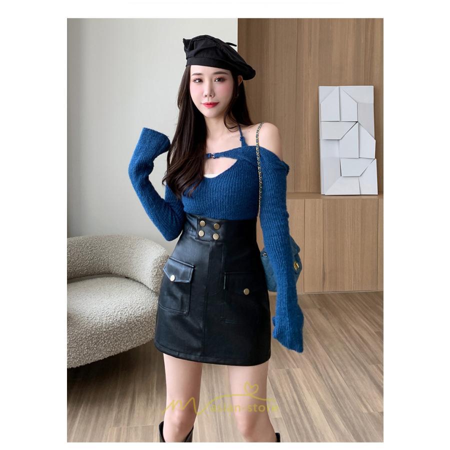 スカート | ミニレディース レザー タイトハイウエスト ポケット インナーパンツ付き ハイウエスト 韓国ファッション フェイクレザー