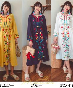 マキシ | ワンピース コットン 長袖ワンピース カジュアル ゆったり ナチュラル シンプル 可愛い 夏 秋 エスニック Vネック 鎖骨 レトロ 黄色 刺繍 白 青 三色展開