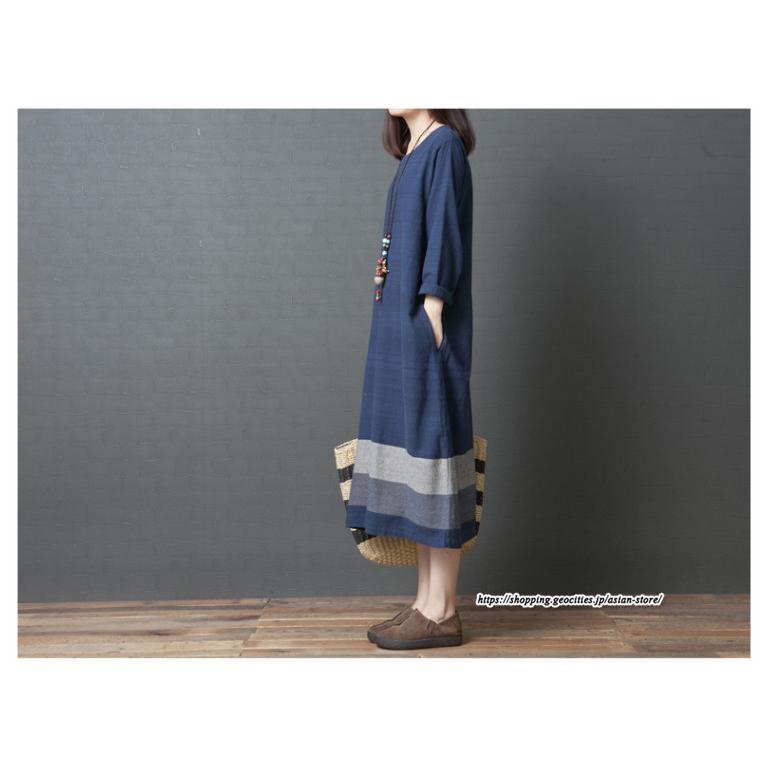 マキシ | リネンワンピース50代レディース綿麻風 長袖秋物 丸ネック 無地 Aラインワンピース ミモレ丈ワンピース サイドポケット ワンピース 30代40代 シンプル 大人