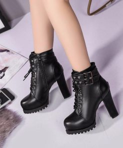 ショートブーツ | ブーツ 厚底シューズ ラウンドトゥ チャンキーヒール レースアップ サイドファスナー ハイヒール 厚底ブーツ レディース 黒ブーツ 25cm
