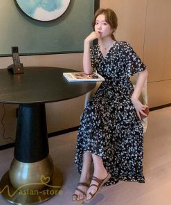 マキシ | ワンピース レディース マキシワンピース 小花柄 Vネック 半袖 5分袖 サマーワンピース シフォン Aラインワンピース 春 エレガント 夏 ウエストゴム ロング丈
