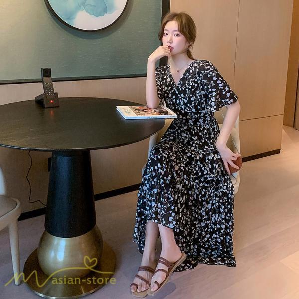 マキシ | ワンピース レディース マキシワンピース 小花柄 Vネック 半袖 5分袖 サマーワンピース シフォン Aラインワンピース 春 エレガント 夏 ウエストゴム ロング丈