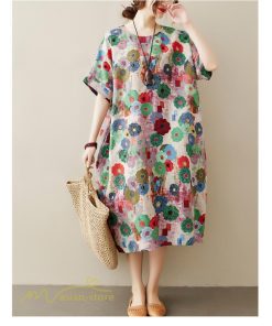 ミディアム | ミディアムワンピース レディース 膝丈 ゆるワンピース 花柄 きれいめ フリーサイズ ゆったり 半袖 麻 綿 リネン 女性着 きれいめ コットン クルーネック 着回し