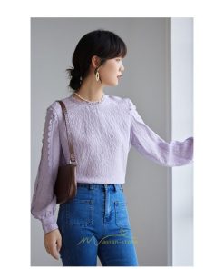 シャツ・ブラウス | ブラウス 秋 秋服 レディース 無地 長袖 ゆったり シンプル トップス 丸襟 上品 フェミニン 高品質 高級感 50代 30代 紫 40代 20代