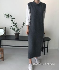 ベスト | ニットベストワンピース ロングレディース ベストワンピース ロングワンピース ニットワンピース ノースリーブ 袖なし サイドスリット入れ 丸首 無地