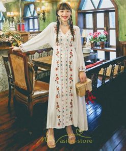 マキシ | ワンピース レディース ロング丈 サマードレス 花柄 リゾートワンピ Aライン 長袖 体型カバー ママ 大人 ゆったり 夏秋 Ｖネック 着痩せ 綿麻 刺繍 旅行 SNS映え