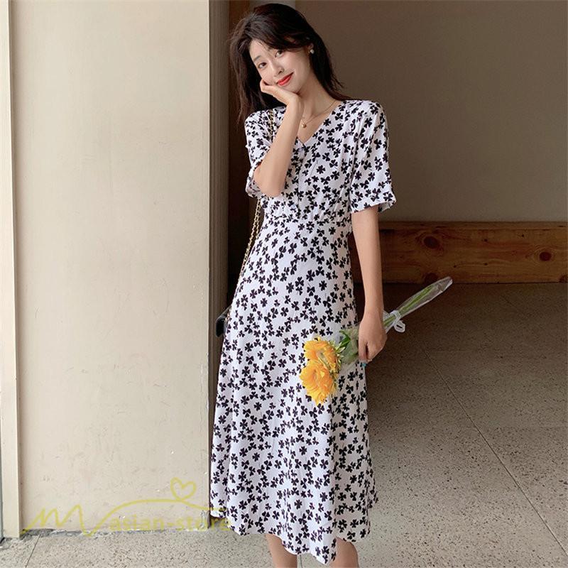 ミディアム | ワンピース レディース 着痩せ 花柄 半袖 大きいサイズ 上品 Aラインワンピース ゆったり Vネック ハイウエスト ミディアム丈 お出かけ 通勤 ひざ丈 通学