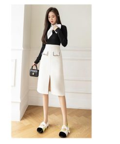 スカート | ロング丈 ミモレ丈 ハイウエスト Aライン レディース エレガント レトロ風 着痩せ 秋冬 スリット 女子会 ビジネス 通勤 OL フォーマル 就活　