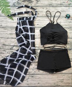 ビキニ | 水着 パレオ付き3点セット水着 ショートパンツ クロスバンド ハイウエスト エスニック柄 レディース リゾート