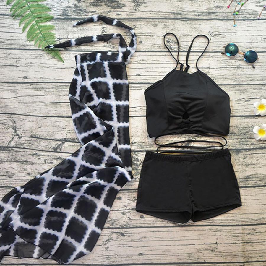 ビキニ | 水着 パレオ付き3点セット水着 ショートパンツ クロスバンド ハイウエスト エスニック柄 レディース リゾート