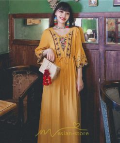 マキシ | ワンピース トップス ロング ロングワンピース 綿麻 夏秋 レディース 大人 おしゃれ シンプル ナチュラル カジュアル 刺繍 花柄 丸首 華やか 上品