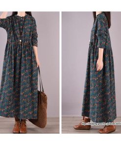 マキシ | 花柄ワンピース30代レディース秋物 リネンワンピース 綿麻風 シャツワンピース ロングワンピース ミモレ丈 長袖ワンピース リボン付き 秋ワンピース 大人