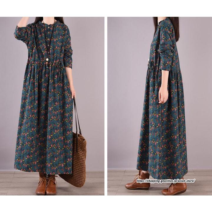 マキシ | 花柄ワンピース30代レディース秋物 リネンワンピース 綿麻風 シャツワンピース ロングワンピース ミモレ丈 長袖ワンピース リボン付き 秋ワンピース 大人
