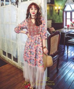 マキシ | 夏秋ワンピース チュール レディース マキシワンピース ロングワンピース パーティー 二次会 痩せて見える 七分袖 Vネック ピンク ハイウエスト 鎖骨 黒