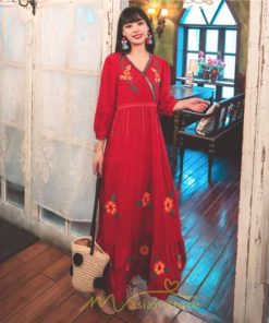 マキシ | ワンピース レディース 長袖 きれいめ ロング丈 マキシ丈 大人 リラックス 花柄 Aライン 着痩せ ハイウエスト リゾート 旅行 Vネック 体型カバー フェミニン