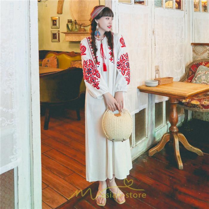 マキシ | 花柄ワンピース 丸首 リゾート ワンピース レディース 長袖 夏秋 ロング丈 マキシ丈 大人 上品 刺繍 綿麻 二次会 女子会 旅行 お出かけ コットン バカンス