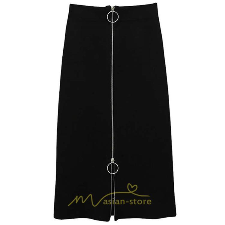 スカート | レディース タイト膝丈ストレッチ ジップアップ ボトムス ファスナー ブラック 無地 シンプル 伸縮性ある生地 膝下丈