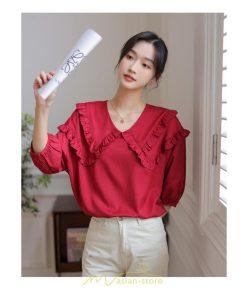 シャツ・ブラウス | トップス ブラウス 七分袖 シャツ きれいめ レディース 夏 白 赤 クルーネック フリル 春夏コーデ オフィス お仕事 通勤 就活 お出かけ ビジネス カジュアル