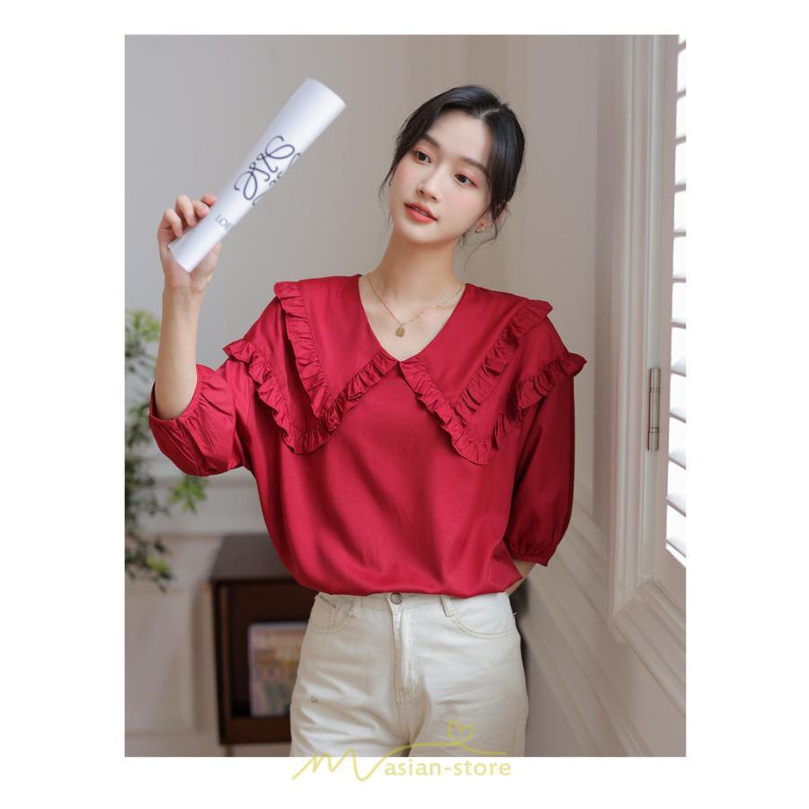 シャツ・ブラウス | トップス ブラウス 七分袖 シャツ きれいめ レディース 夏 白 赤 クルーネック フリル 春夏コーデ オフィス お仕事 通勤 就活 お出かけ ビジネス カジュアル