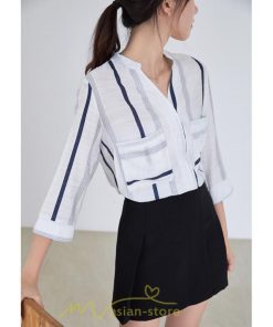 シャツ・ブラウス | ブラウス シャツ 七分袖 レディース ストライプ柄 ボーダー柄 春 夏 胸ポケット付き Ｖネック 華奢見え 通勤 お呼ばれ 日常 ビジネス 同窓会 エレガント 二次会