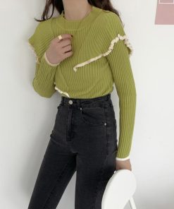 ニット・セーター | 秋冬 スリムフィット フリルトップス長袖 フレア ニットセーター ニットソー リブニットトップス レディース モックネック