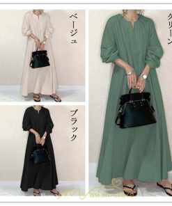 マキシ | 秋ワンピース 長袖ワンピース レディース 秋物 ワンピース 綿麻風 パフスリーブ ボリューム袖 無地 大きめ Vネック フレアワンピース ロングワンピース