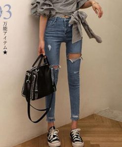 スキニーパンツ | 美脚 穴開き アンクル スキニー レディース クラッシュデニム デニムパンツ ボトムス ジーンズ ジーパン タイト ダメージ