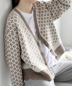 カーディガン | ニットトップス ニット長袖 幾何学柄 配色ダイス柄 羽織り アーガイル柄 春秋冬 ジャガードレディース