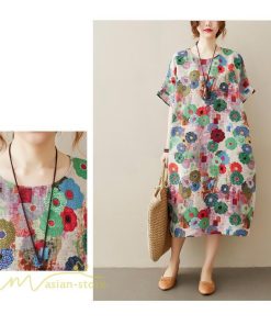 ミディアム | ミディアムワンピース レディース 膝丈 ゆるワンピース 花柄 きれいめ フリーサイズ ゆったり 半袖 麻 綿 リネン 女性着 きれいめ コットン クルーネック 着回し
